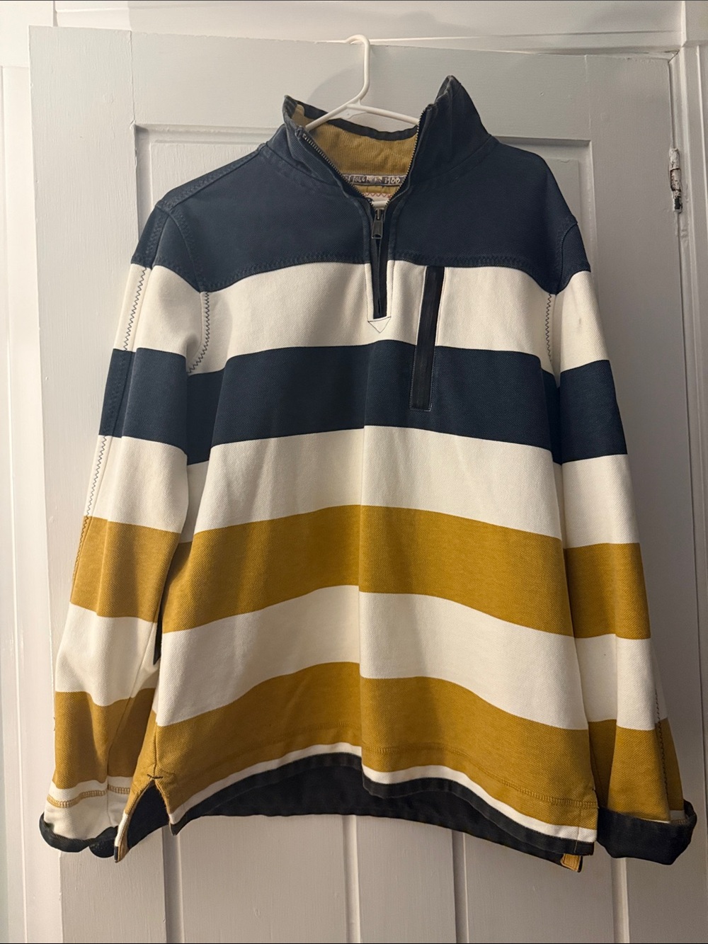 Fat Face Men's Striped Quarter-Zip Pullover - Navy, White & Mustard